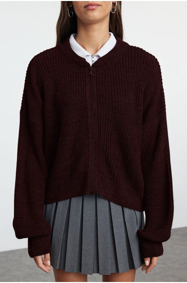 Brown Wide Pattern Bomber Collar Zippered Knitwear Cardigan product thumbnail 2