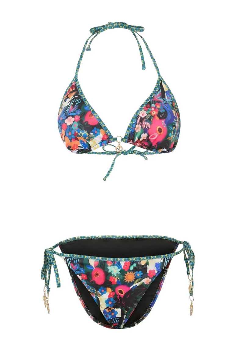Floral Print Triangle Covered Normal Waist Regular Bikini Set with Charm Accessories - 1