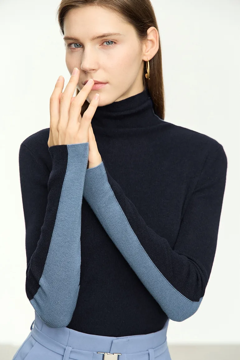 Color - block High Neck Slim Sweater - 1