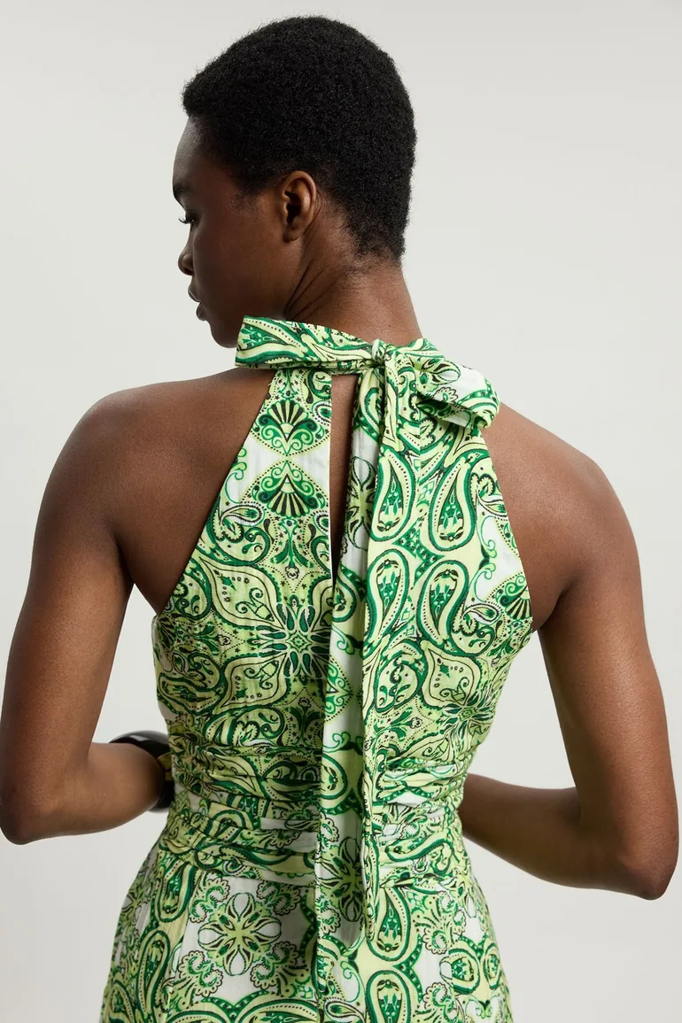 Double Cloth Tile Print Halterneck Midi Dress - 1