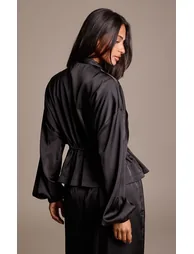 Petite Black Bubble Hem Funnel Neck Satin Jacket Co-ord - 2