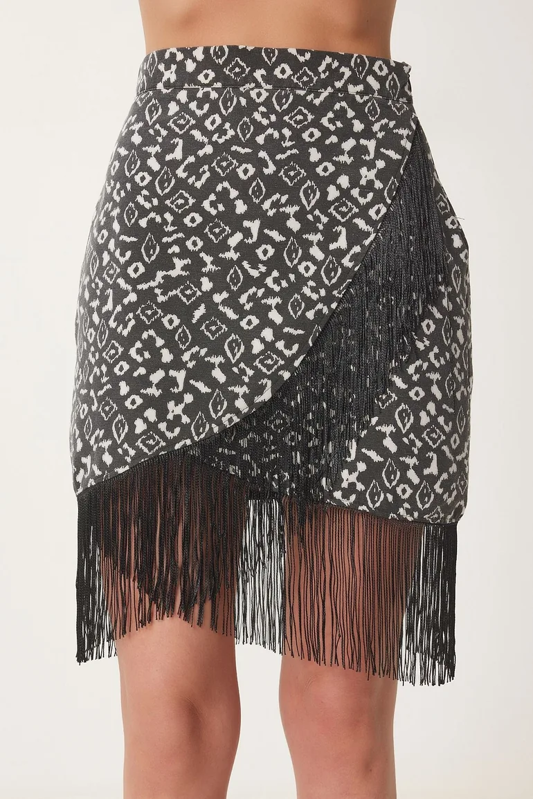 Women's Anthracite Patterned Tassel Mini Woven Skirt - 2