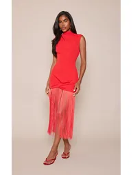 Red Woven Fringe Detail Sleeveless Maxi Dress