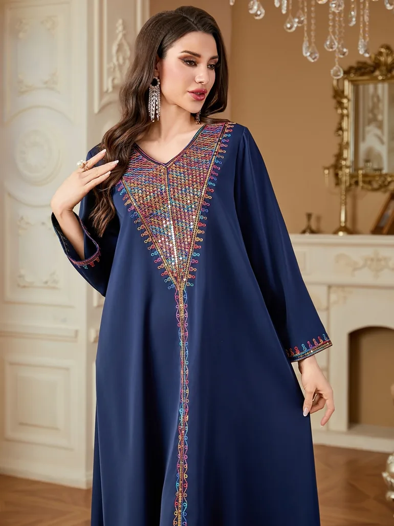 Women Navy Sequined Panel V Neck Jalabiya - 4