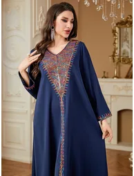 Women Navy Sequined Panel V Neck Jalabiya - 4