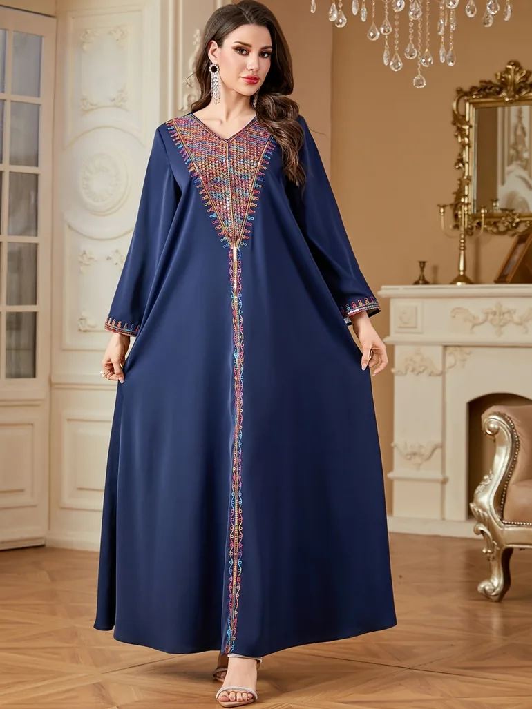 Women Navy Sequined Panel V Neck Jalabiya