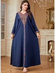 Women Navy Sequined Panel V Neck Jalabiya