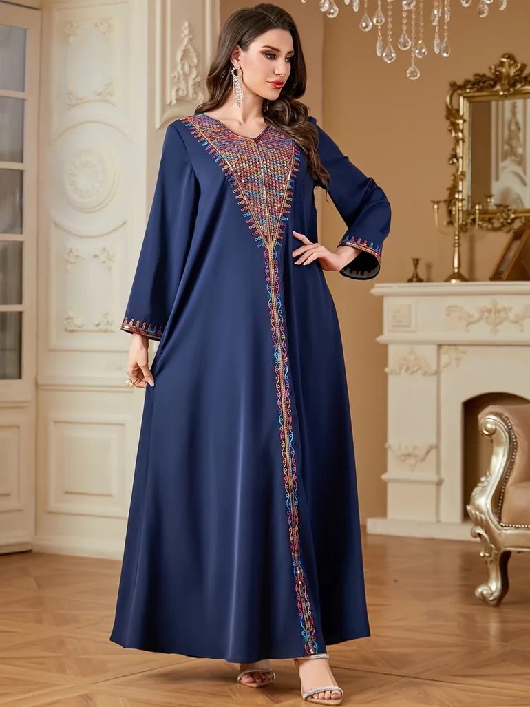 Women Navy Sequined Panel V Neck Jalabiya - 2