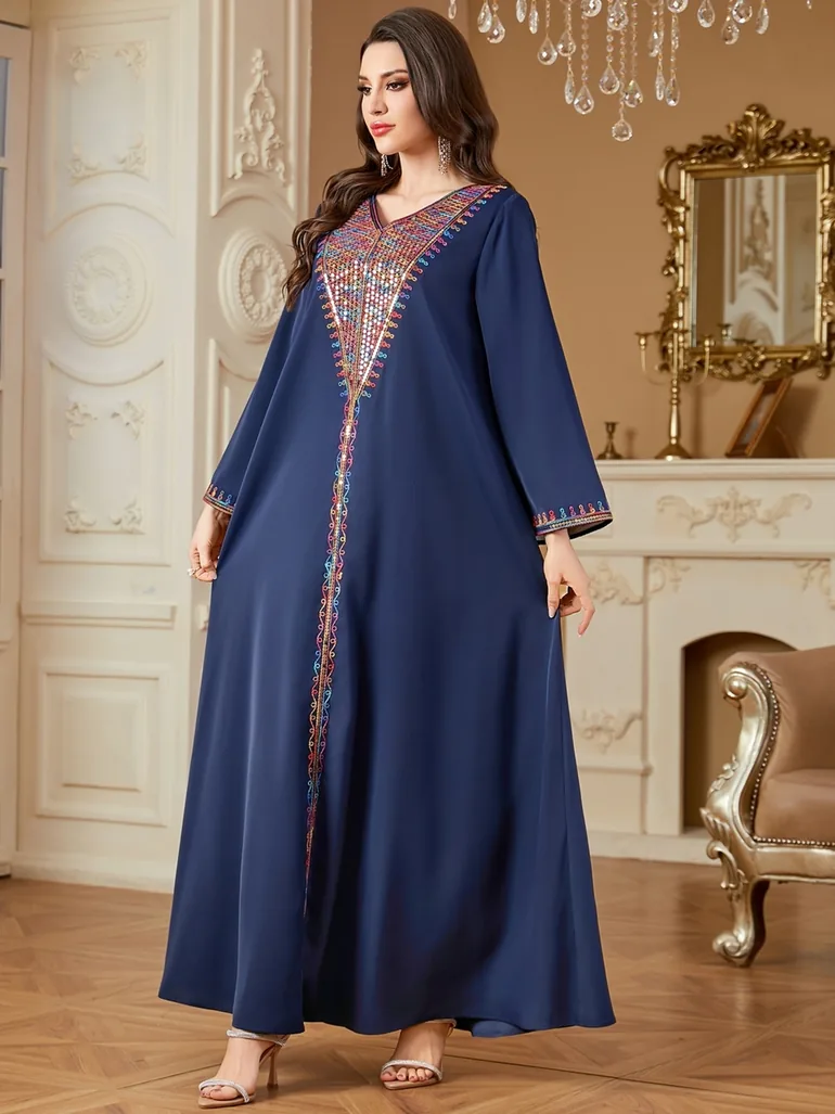 Women Navy Sequined Panel V Neck Jalabiya - 1