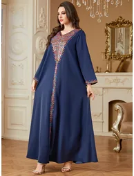 Women Navy Sequined Panel V Neck Jalabiya - 1