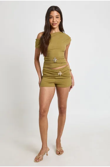 Textured Cowl Neck Flower Trim Sleeveless Top - olive