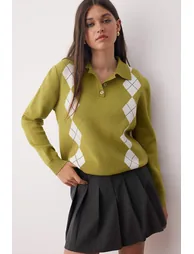 Oil Green Premium Yarn/Special Yarn Diamond Patterned Knitwear Sweater - 1