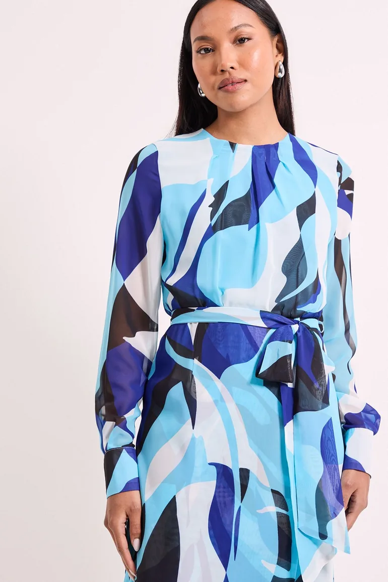 Abstract Print Pleat Neck Drape Midi Dress - 1