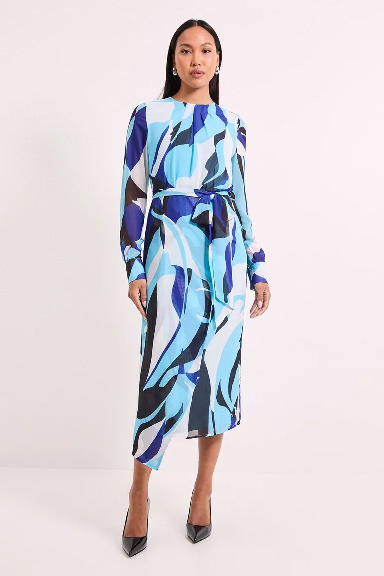 Abstract Print Pleat Neck Drape Midi Dress