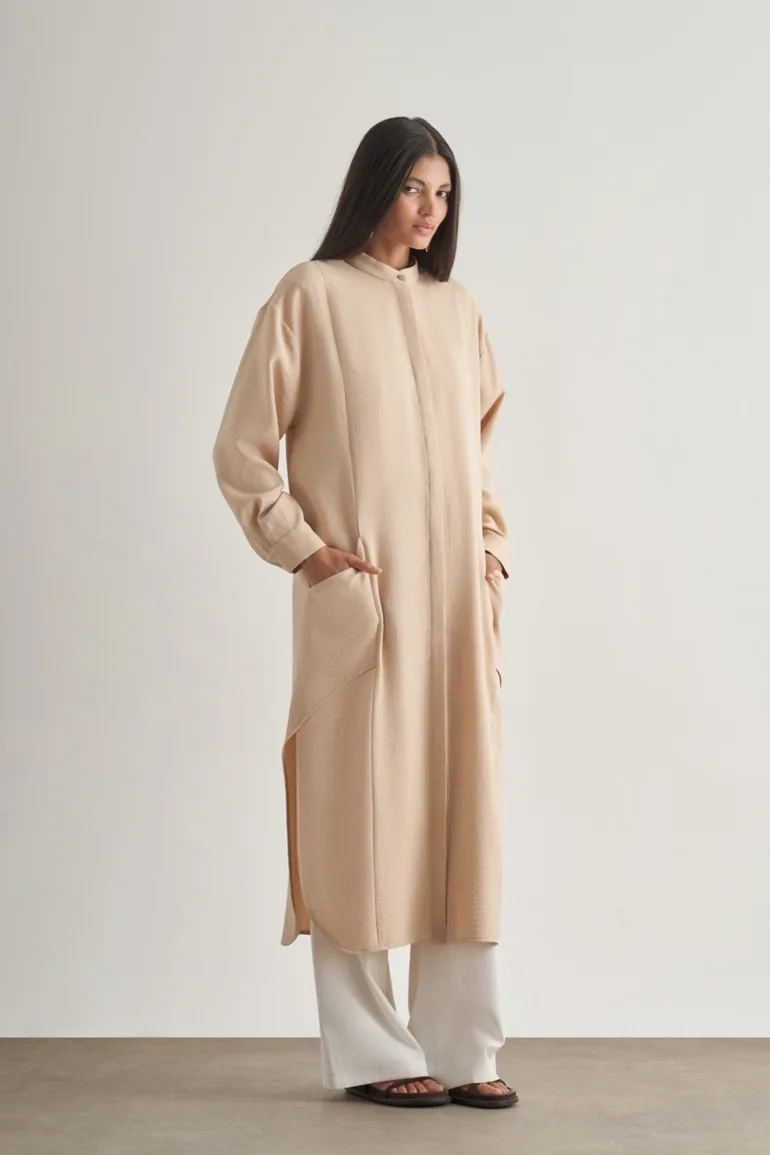 Mizalle Linen Textured Long Tunic with Bias Pocket