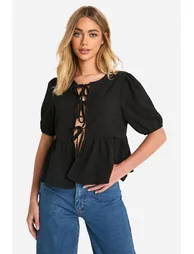 Textured Tie Front Puff Sleeve Smock Top - black