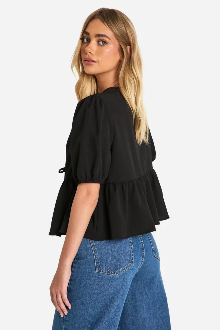 Textured Tie Front Puff Sleeve Smock Top - black - 1