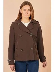 Yumi Brown Cropped Trench Coat With Check Lining - 1