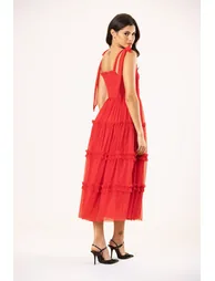 Louise Tulle Midi Dress in Red - 1