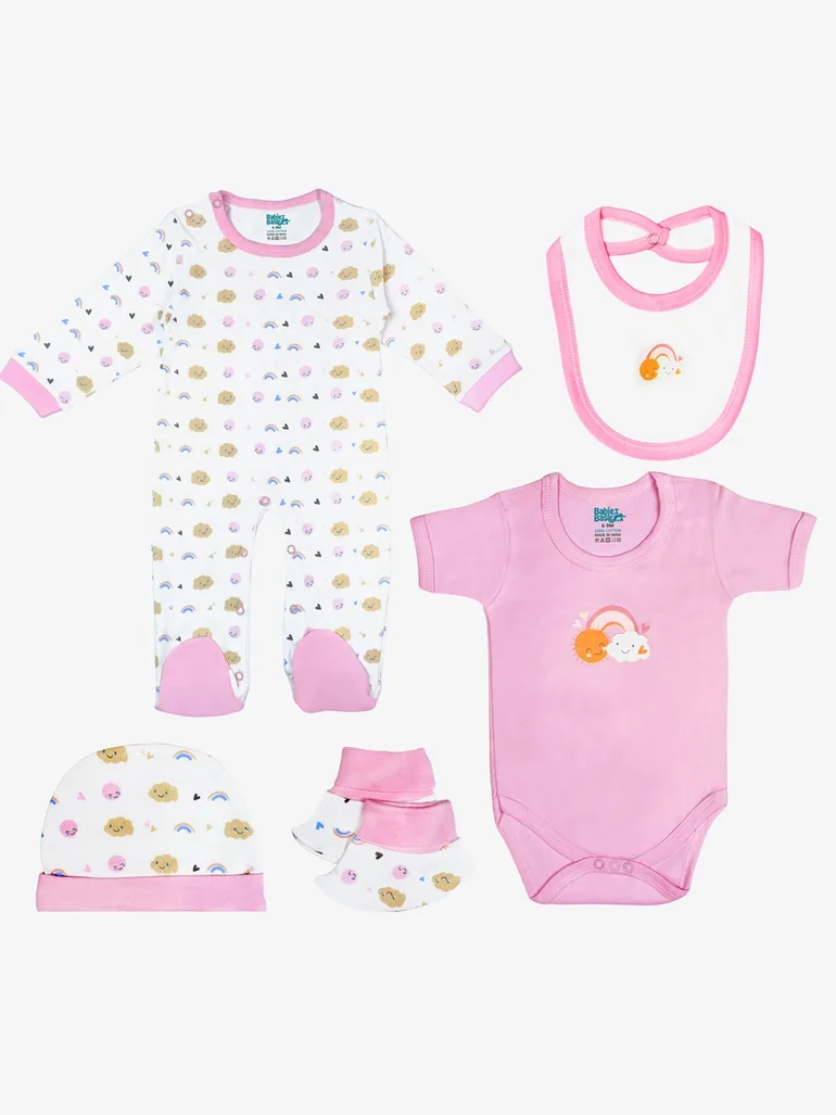 5-Piece 100% Cotton Bib, Romper, Mittens, Cap and Sleepsuit Set