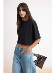 Black Boxy Low Sleeve Short Sleeve 2 Thread Knitted T-Shirt - 1