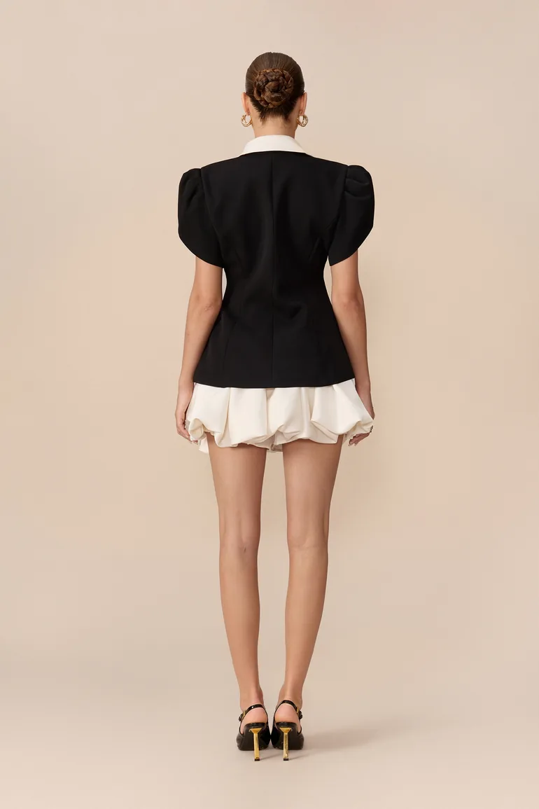 Retro Sweetheart Black Contrast Lapel Puff Sleeve Top & Bubble Skirt Set - 2