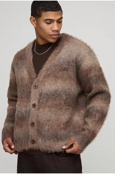 Man Boxy Fit Ombre Brushed Stripe Knitted Cardigan - brown