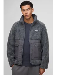Regular Fit Two Tone Borg Nylon Mix Funnel Neck Zip Through Jacket - grey