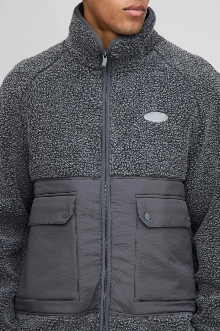 Regular Fit Two Tone Borg Nylon Mix Funnel Neck Zip Through Jacket - grey - 2