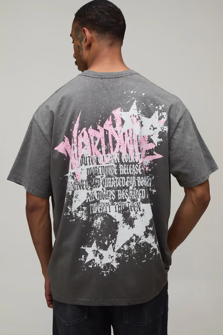 Charcoal Oversized Star Graffiti Print Spray Wash T-Shirt - charcoal - 1