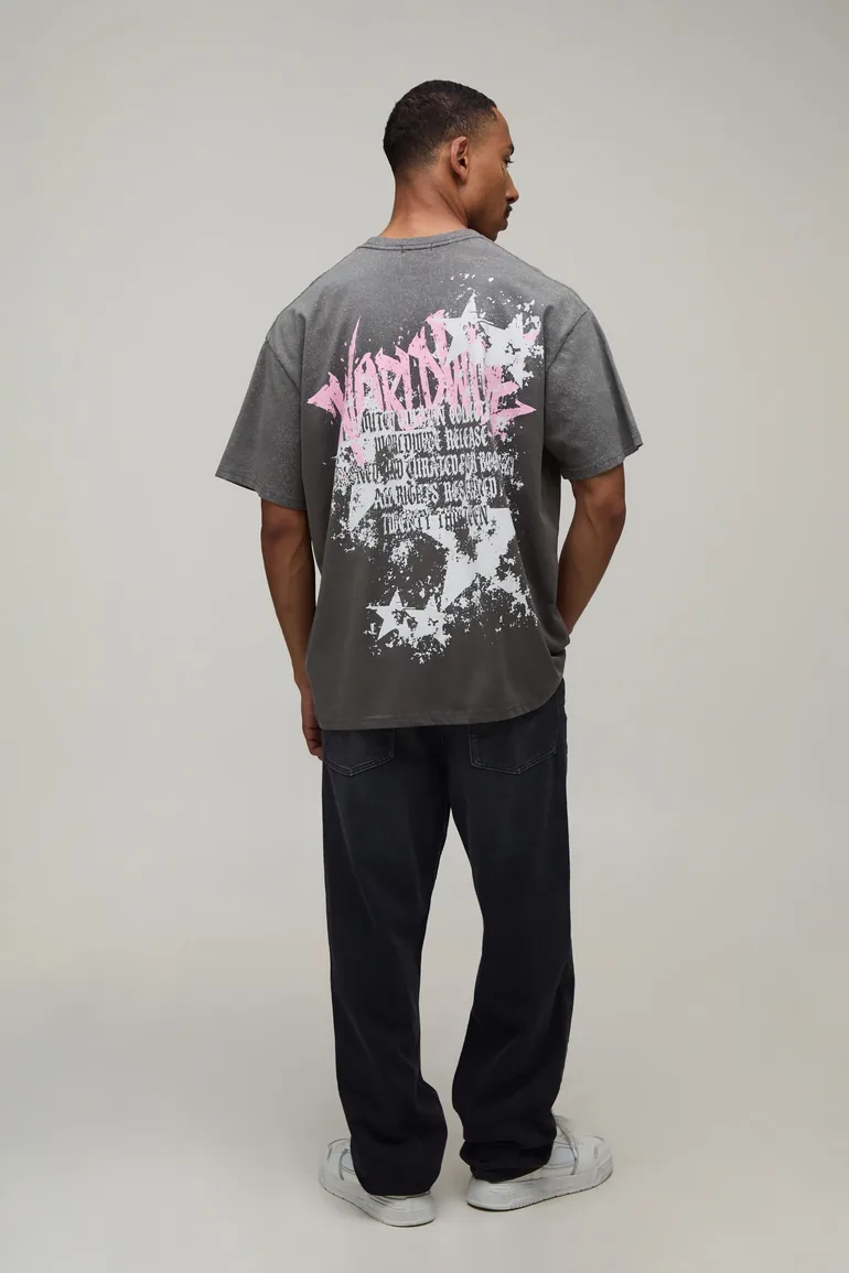 Charcoal Oversized Star Graffiti Print Spray Wash T-Shirt - charcoal - 2