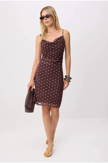 Brown Midi Polka Dot Lined Bodycon Stretchy Tulle Knitted Dress