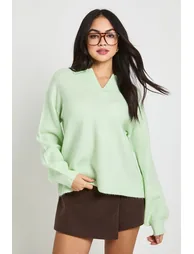 Super Soft V Neck Collared Knitted Jumper - sage - 1