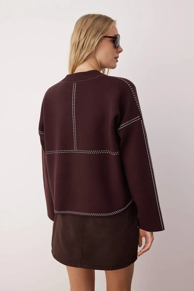 Brown Premium/Special Yarn Wide Pattern Bomber Collar Knitwear Cardigan - 3