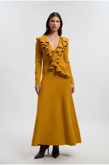 Compact Wool Look Ruffle V Neck Midi Dress