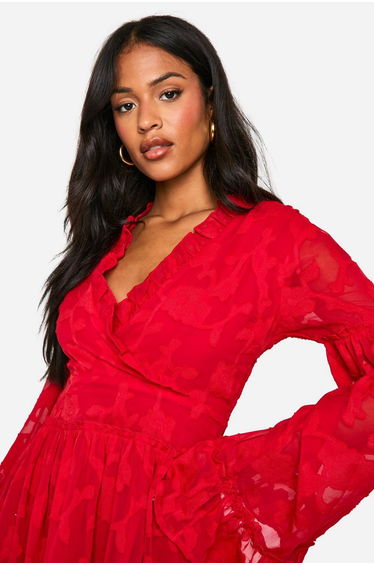 Tall Burnout Floral Ruffle Skater Dress - red product thumbnail 4