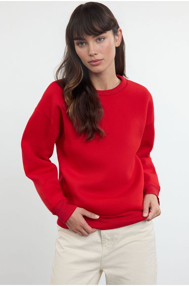 Red Thick Fleece Inside Regular/Normal Fit Crew Neck Basic Knitted Sweatshirt