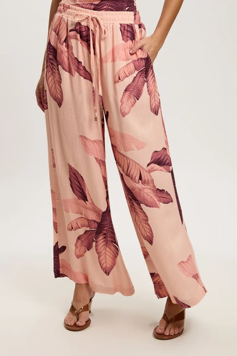 Petite Viscose Linen Palm Print Trouser - 1