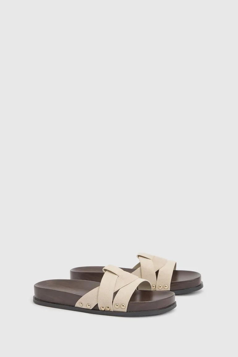 Faux Suede Studded Detail Footbed Sliders - beige - 2