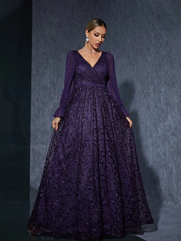 Leely Elegant V Neck Split Sleeve Lace Evening Gown - 4