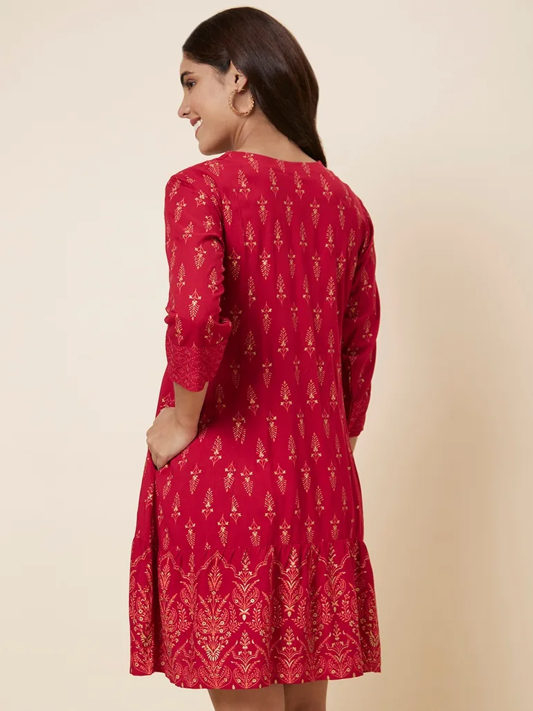Red Sequin Printed Mini Dress - 3