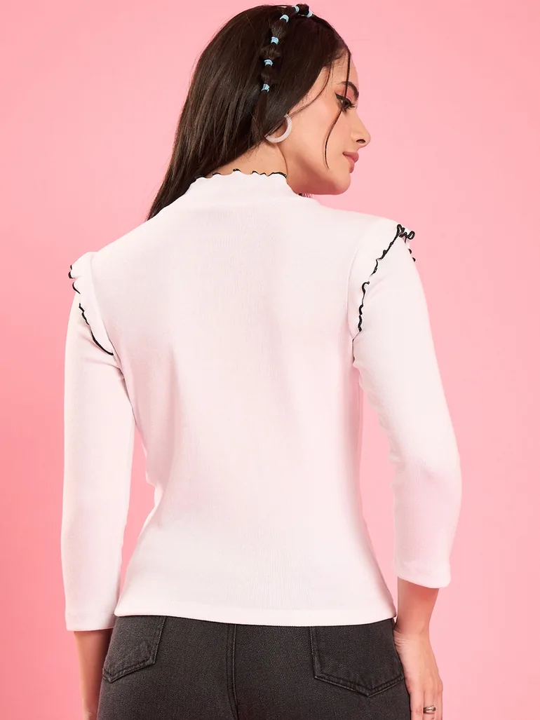 Women White Ruffle Trim Ribbed Top - 3