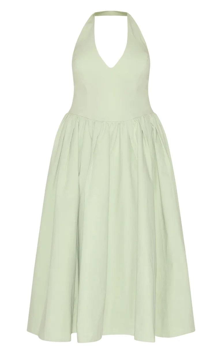 Plus Sage Green Halterneck Tie Detail Midaxi Dress - 4