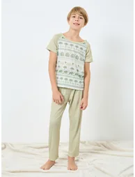 Boys Green Elephant Print T-Shirt and Pyjama Set