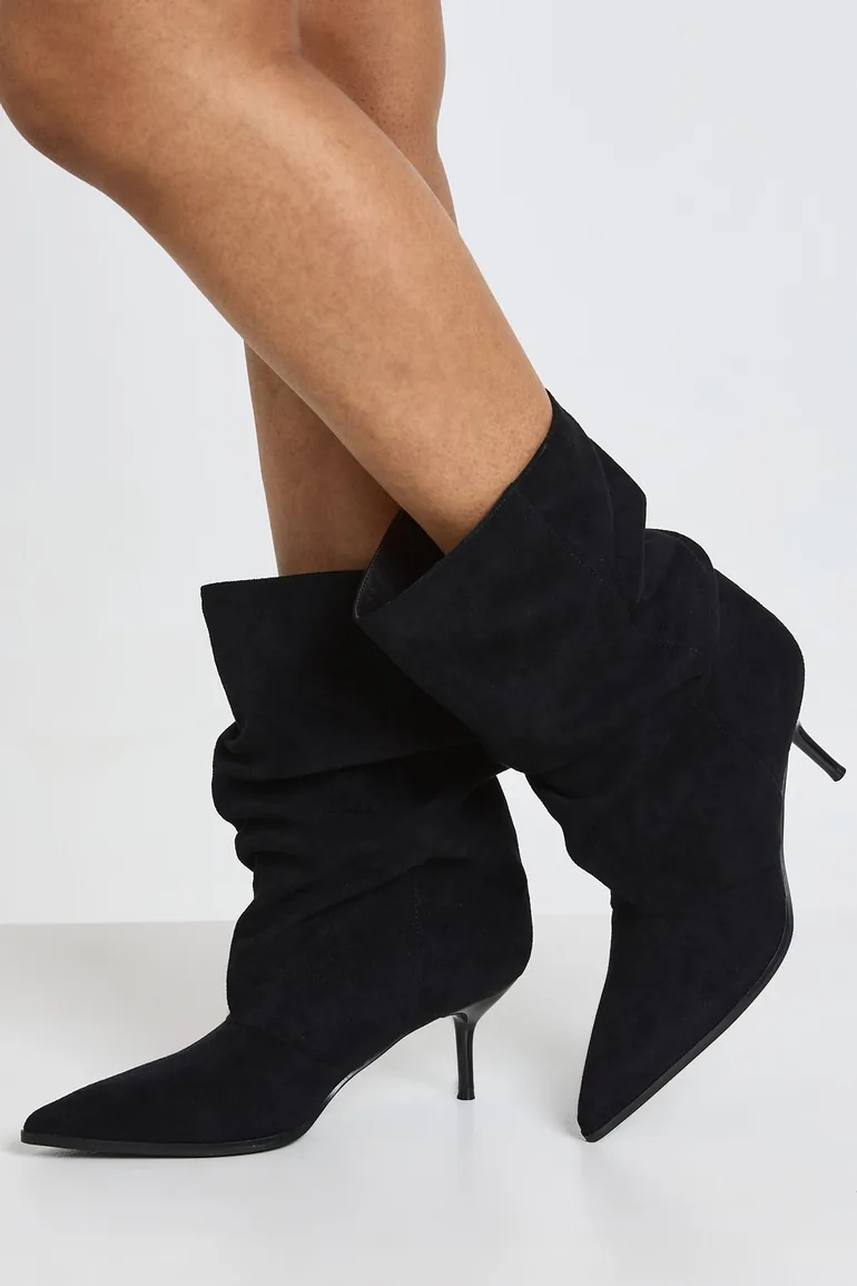 Kitten Heel Slouchy Pointed Toe Ankle Boots - black - 1