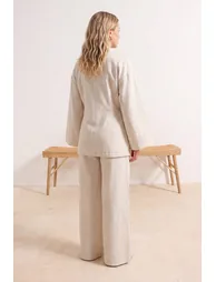 Ecru Striped Woven Muslin 100% Cotton Beach Kimono Pants Set - 1