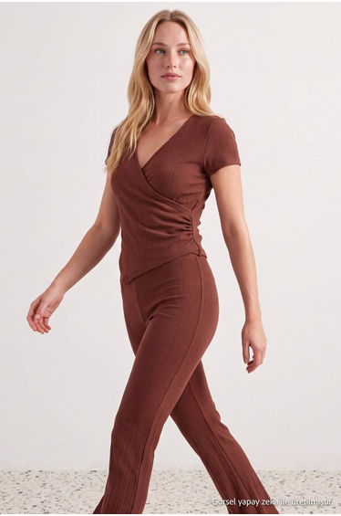 Brown Asymmetric Detailed Pointel/Ribbed Knitted Pajama Set product thumbnail 2