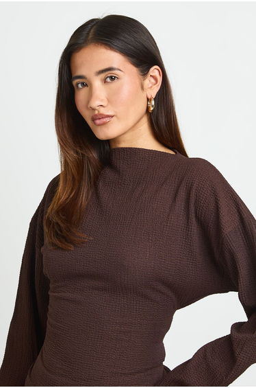 Crinkle Tie Back Long Sleeve Top Wide Leg Trouser Co ord - chocolate product thumbnail 4