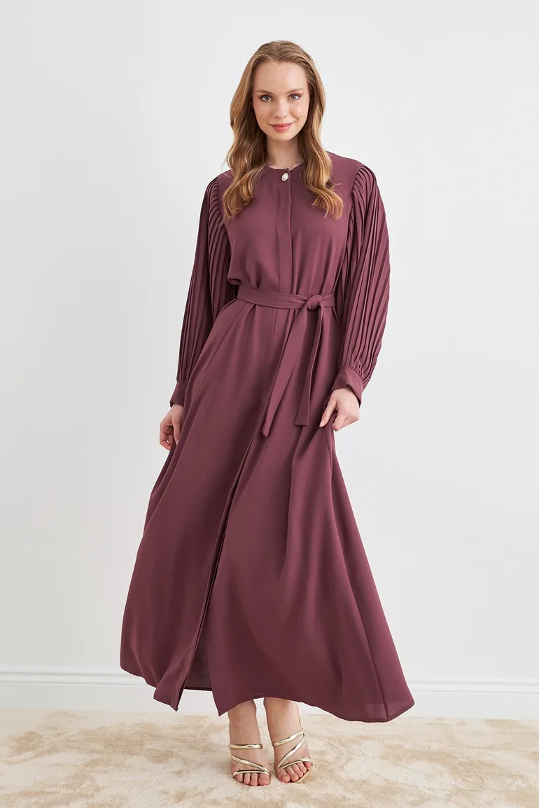 Pleated Sleeve Abaya - Dried Rose - 2