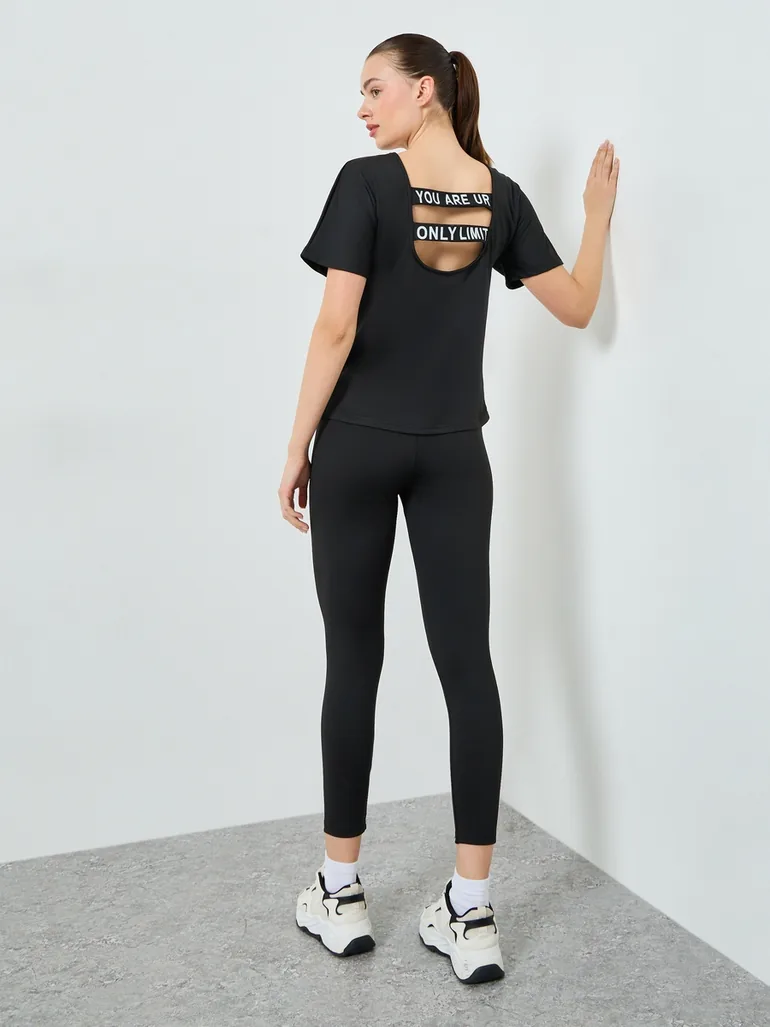 Back Text Strap Short Sleeves Top and Cari Set